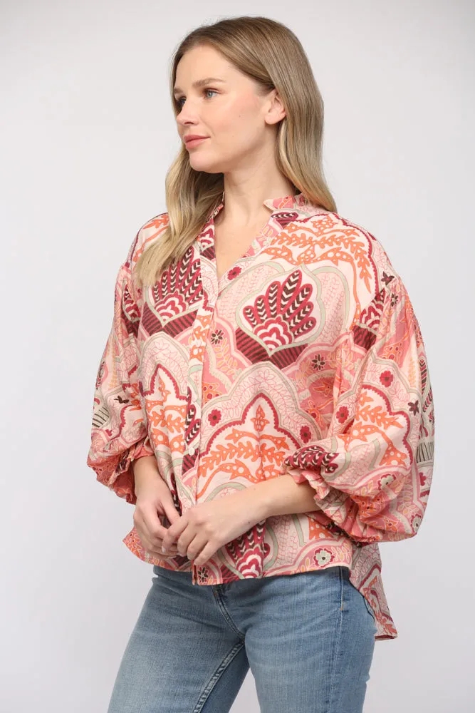 Abstract Print Bubble Sleeve V-Neck Blouse