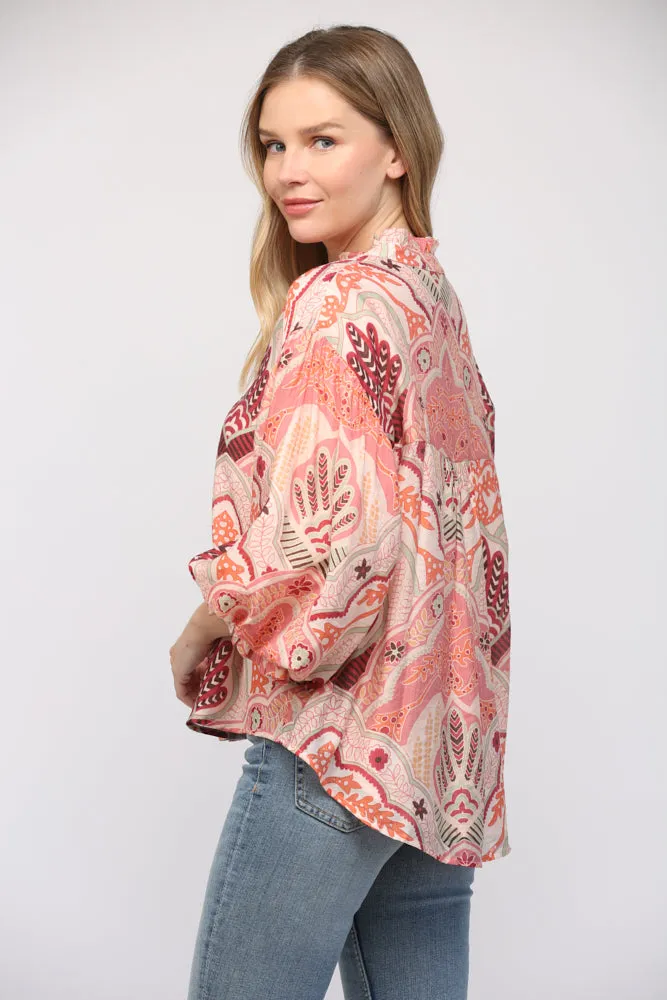 Abstract Print Bubble Sleeve V-Neck Blouse