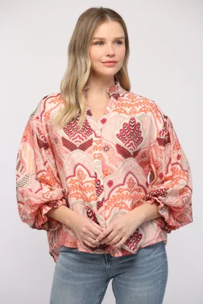 Abstract Print Bubble Sleeve V-Neck Blouse