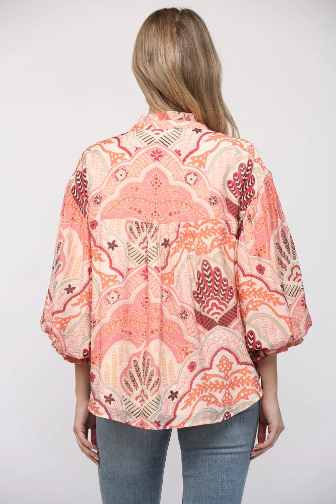 Abstract Print Bubble Sleeve V-Neck Blouse