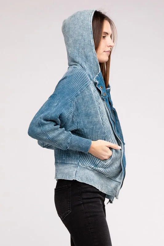 Acid Wash Cotton Waffle Hooded Zip-Up Jacket