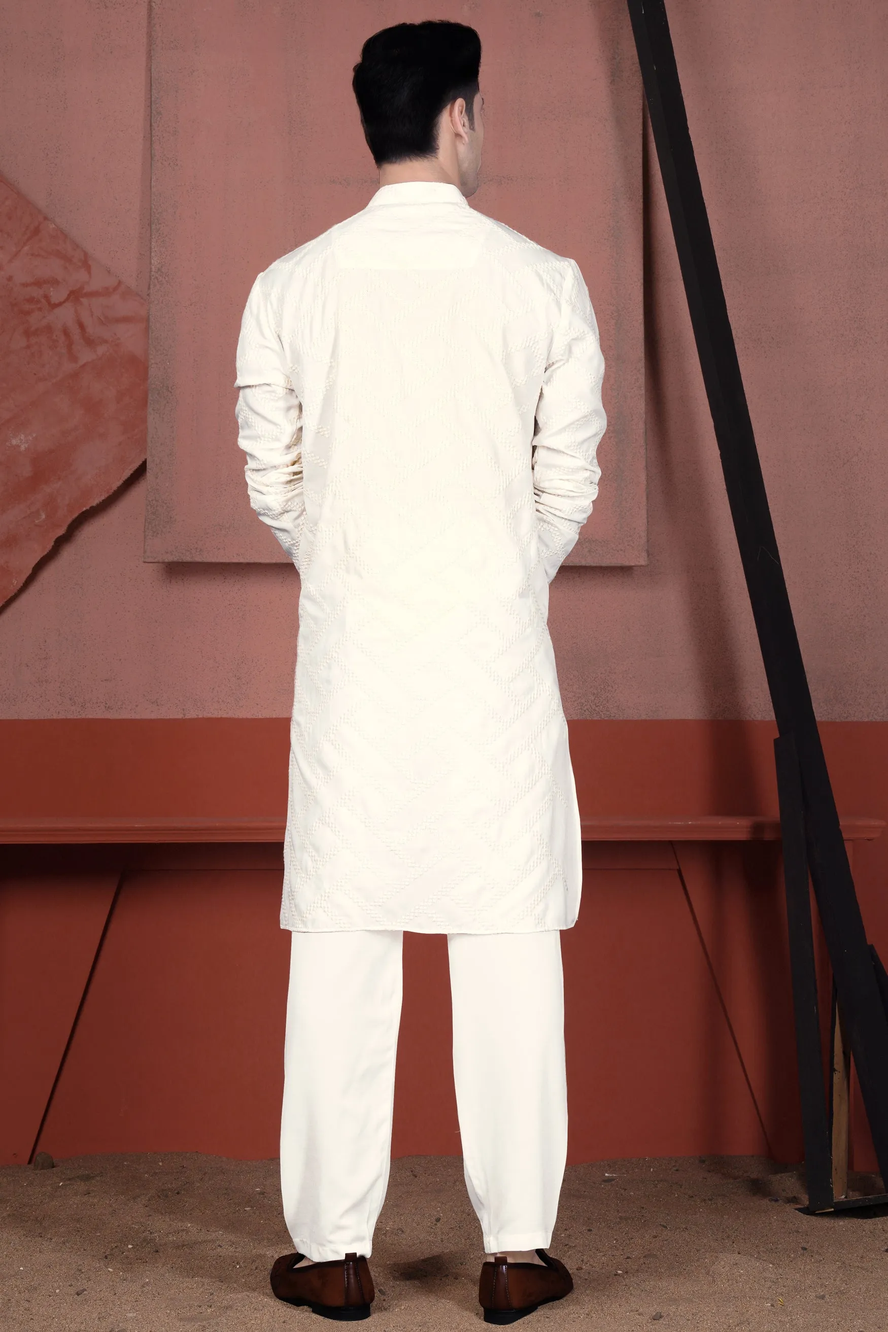 Albescent Cream Viscose Embroidered Designer Kurta with Nehru Jacket