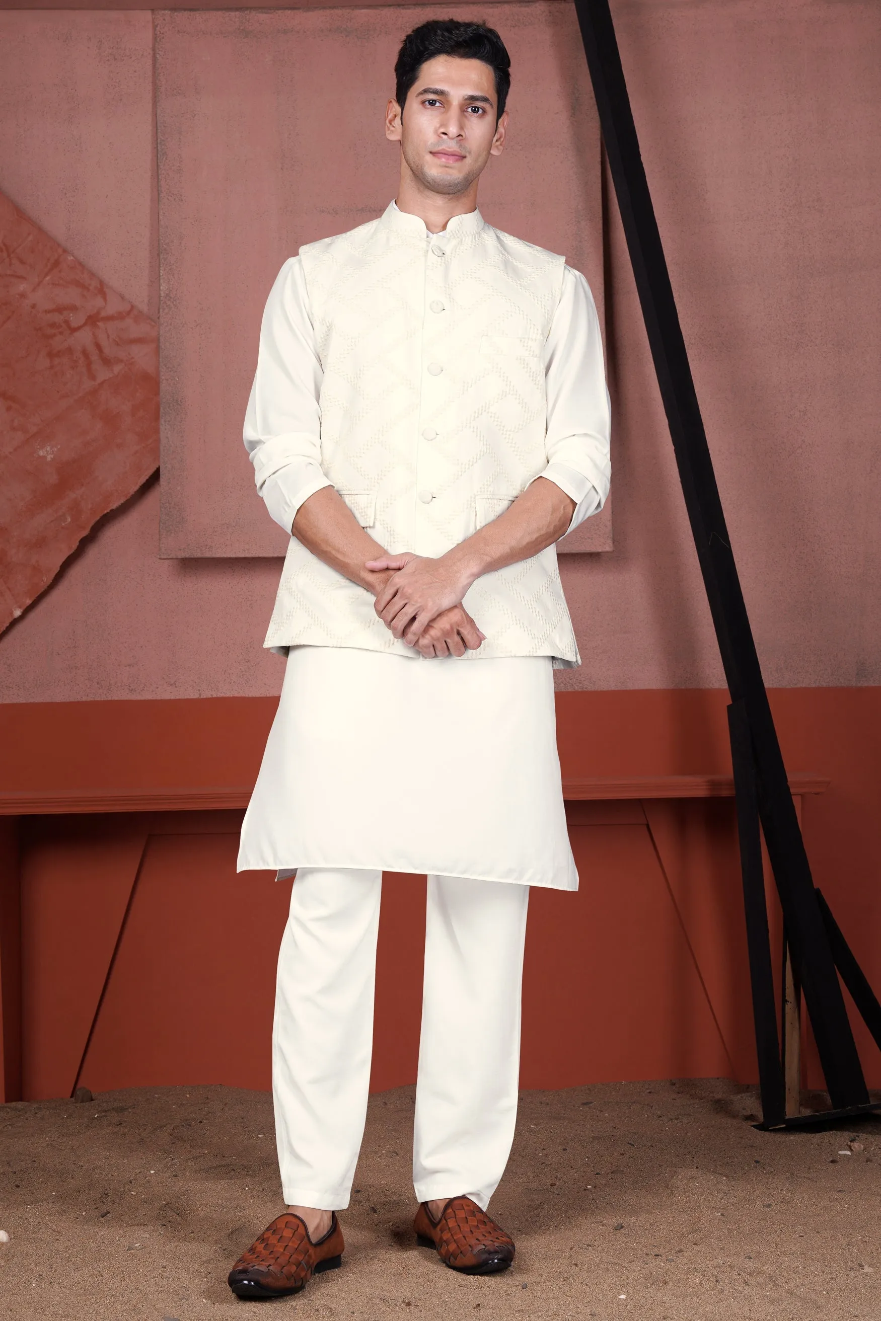 Albescent Cream Viscose Embroidered Designer Kurta with Nehru Jacket