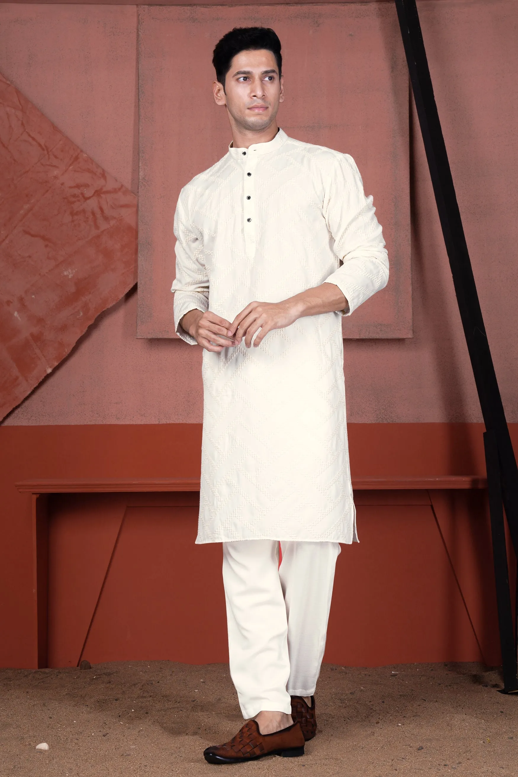 Albescent Cream Viscose Embroidered Designer Kurta with Nehru Jacket