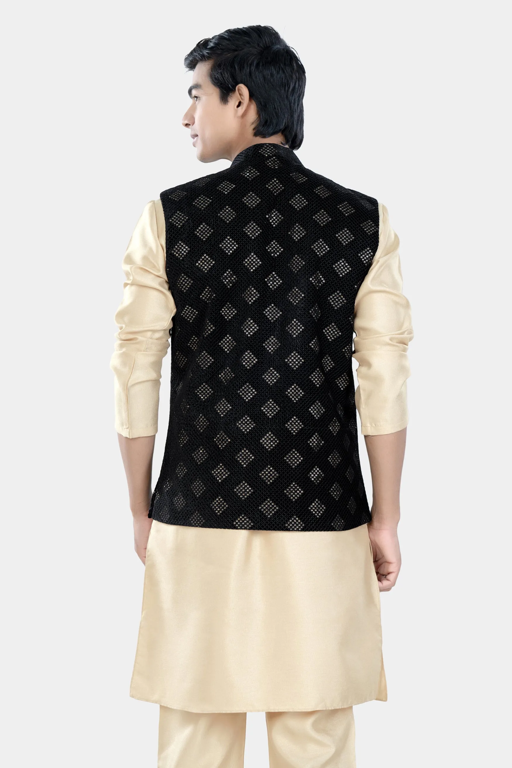 Almond Brown Kurta Set with Jade Black Geometric Sequin and Thread Embroidered Designer Nehru Jacket