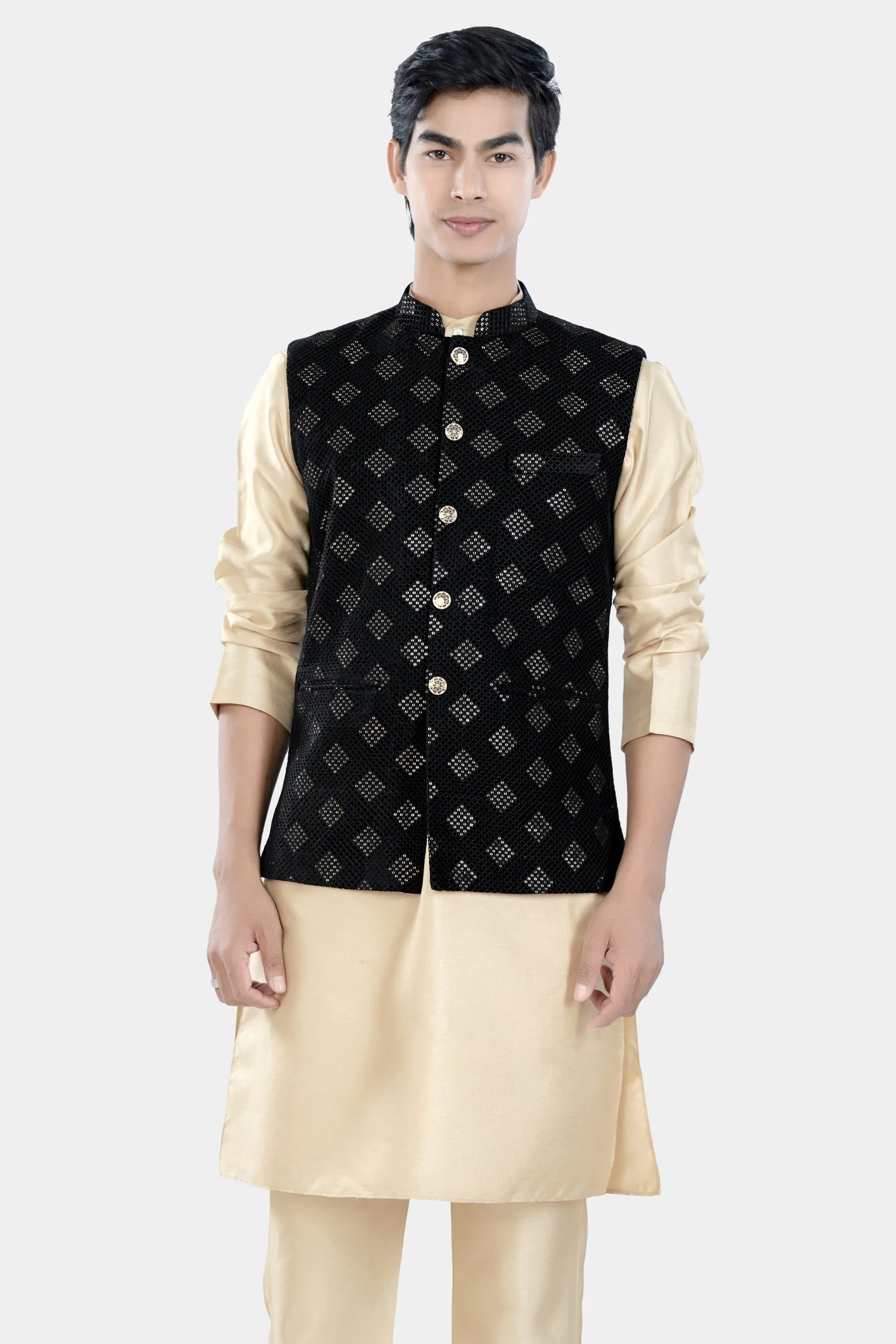 Almond Brown Kurta Set with Jade Black Geometric Sequin and Thread Embroidered Designer Nehru Jacket