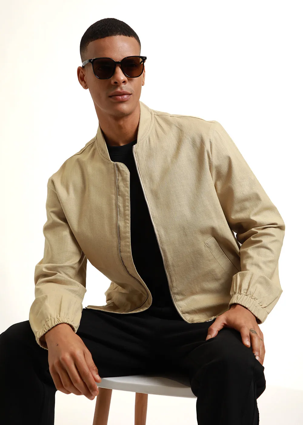 Beige Bomber Linen Jacket