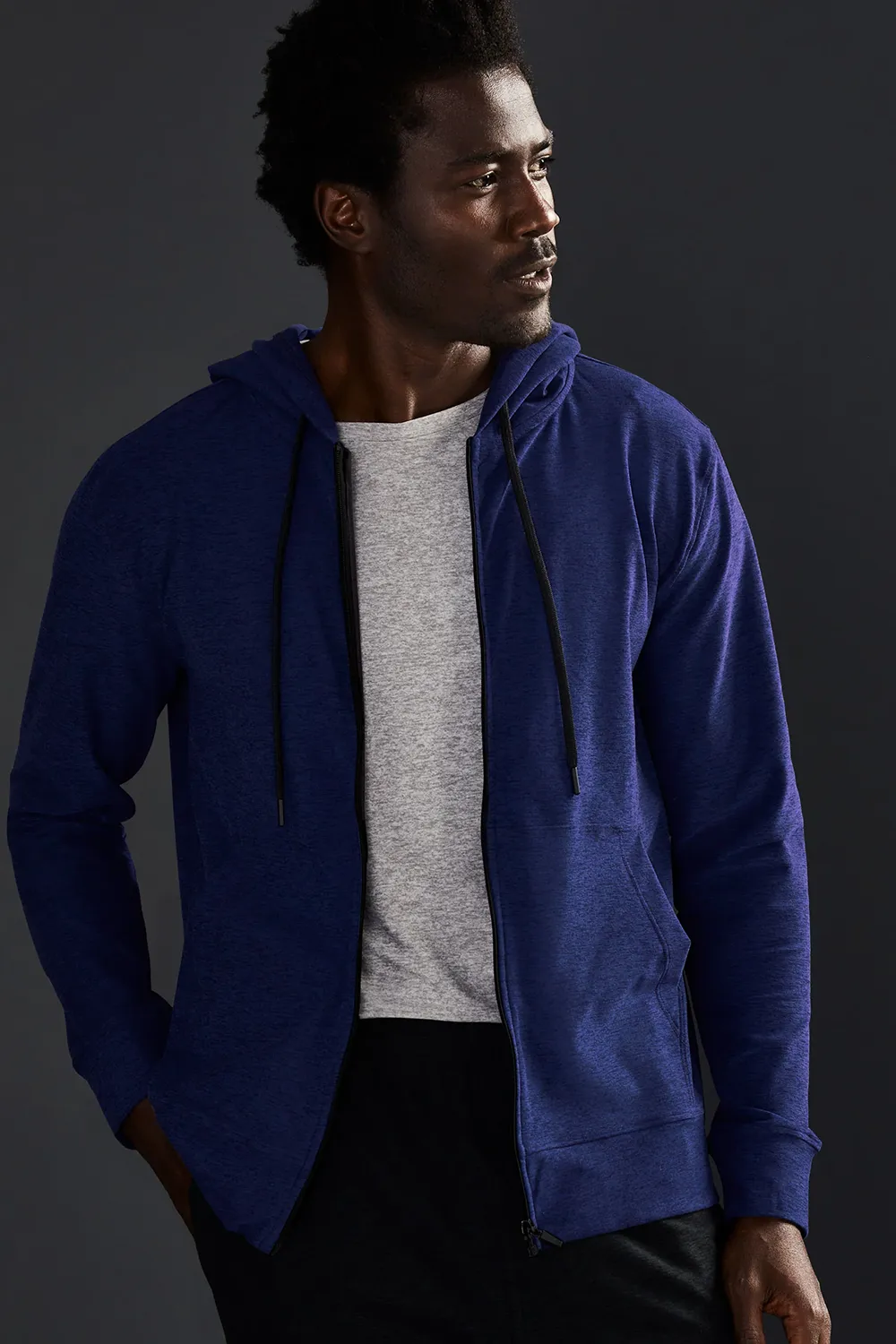 Beyond Yoga Men's Freefit Zip Hoodie in Deep Ocean Heather