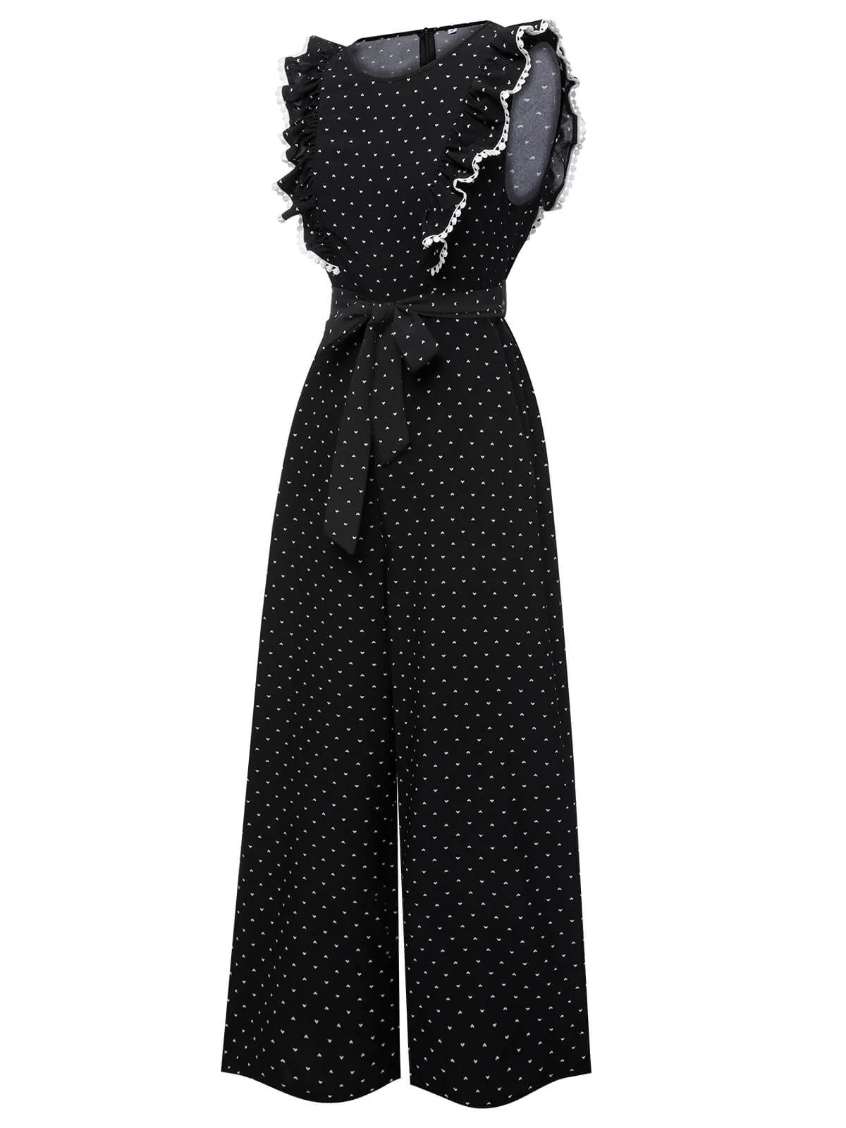 Black 1950s Polka Dots Ruffle Sleeveless Jumpsuit