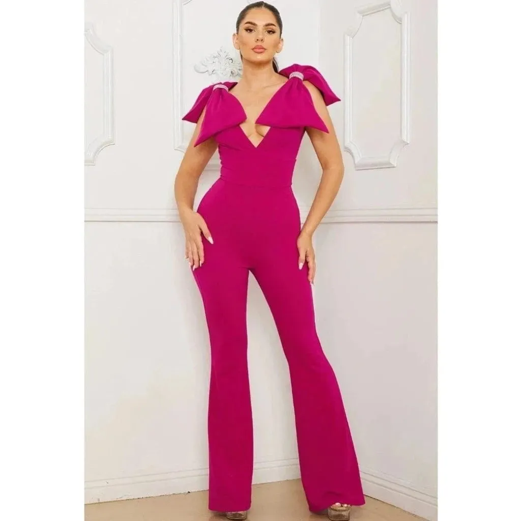 Bow On Shoulder Jumpsuit Pink/Green