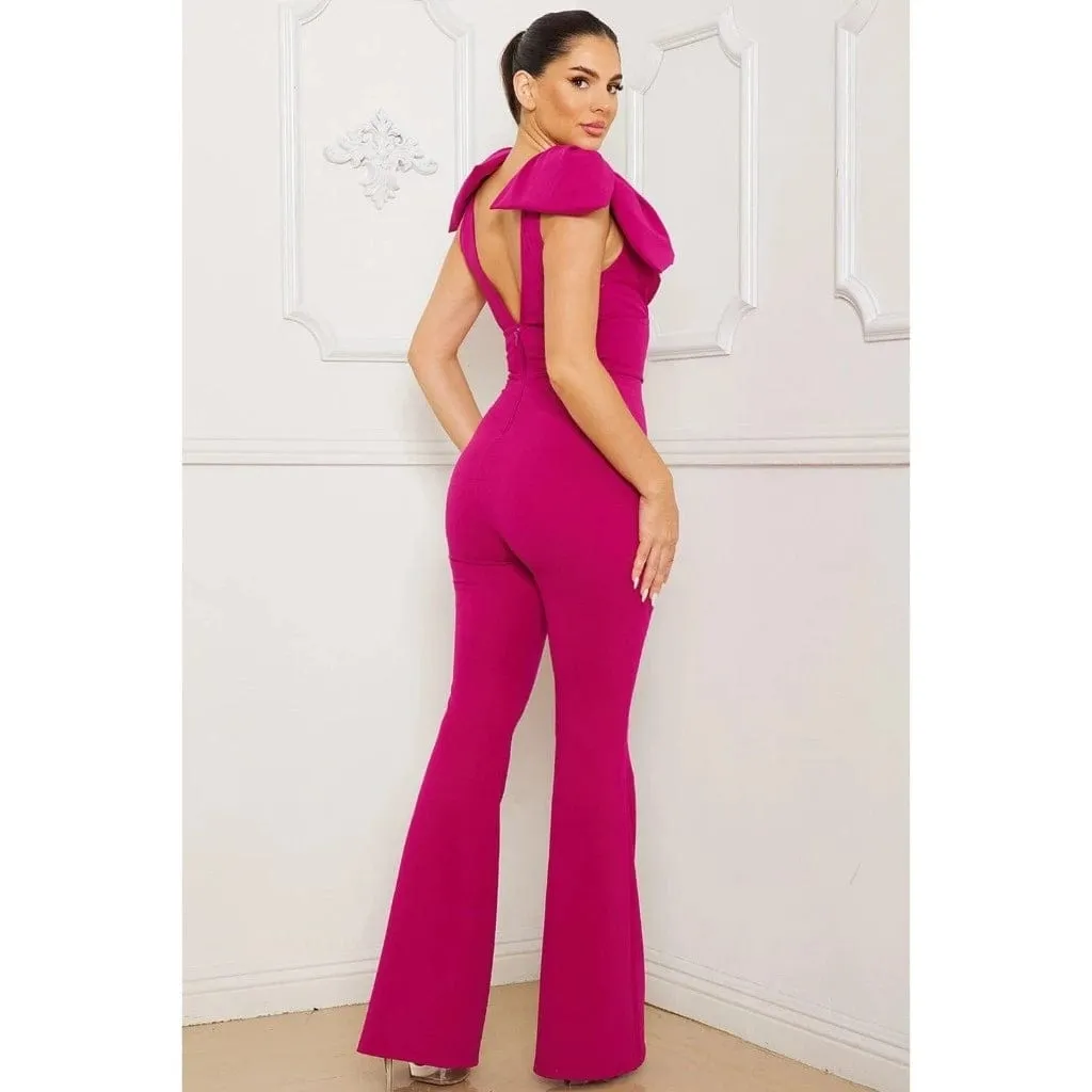 Bow On Shoulder Jumpsuit Pink/Green