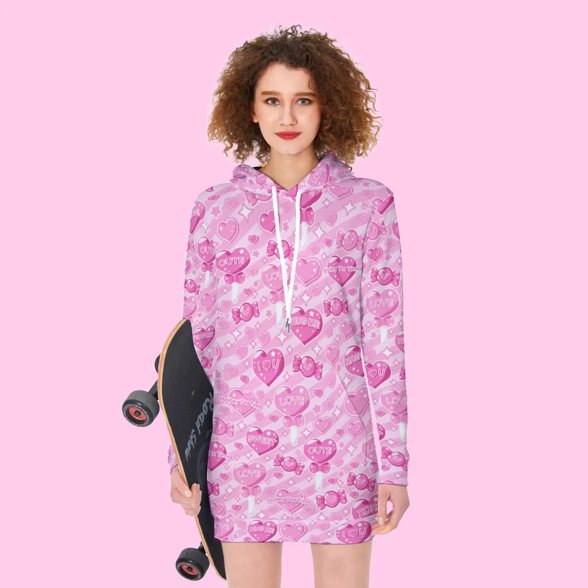 Candy Love Hearts (Pink Cutie) Women's Long Hoodie