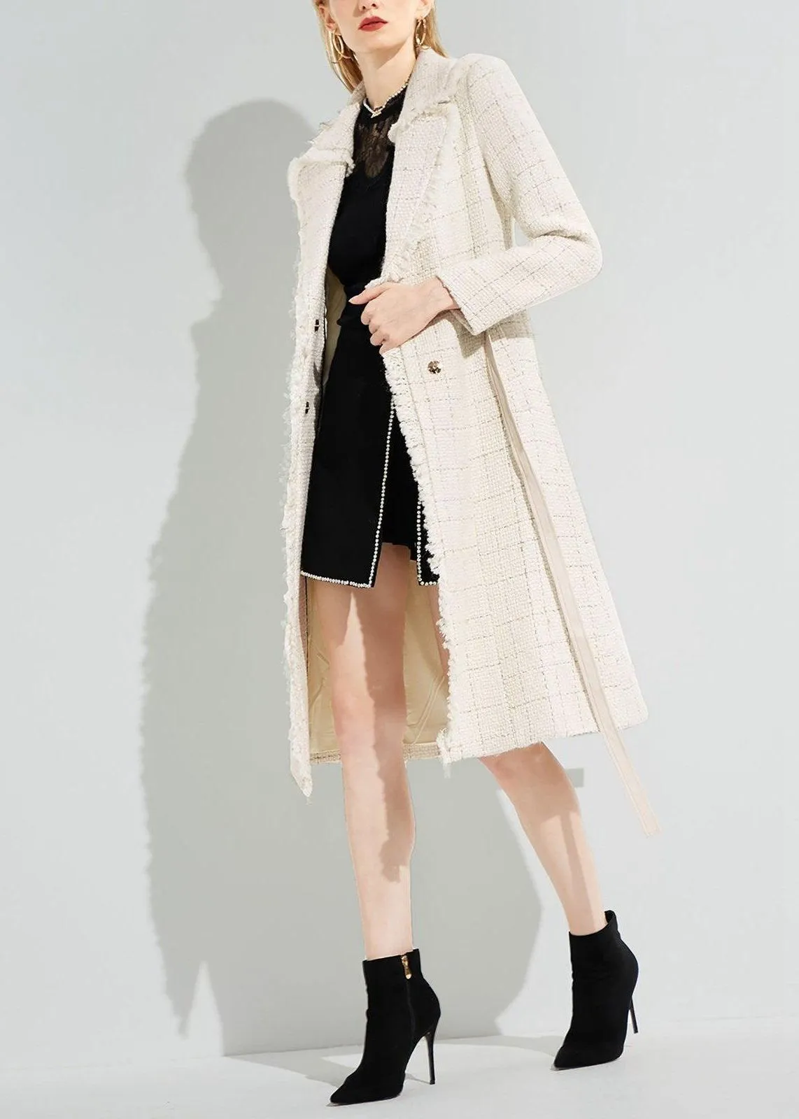 Carmen Tassel Hem Belted Wool Blend Tweed Coat