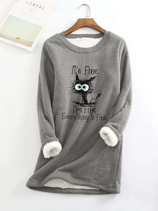 Cat Design Plus Size Fleece Lined Hoodie Sweatshirt