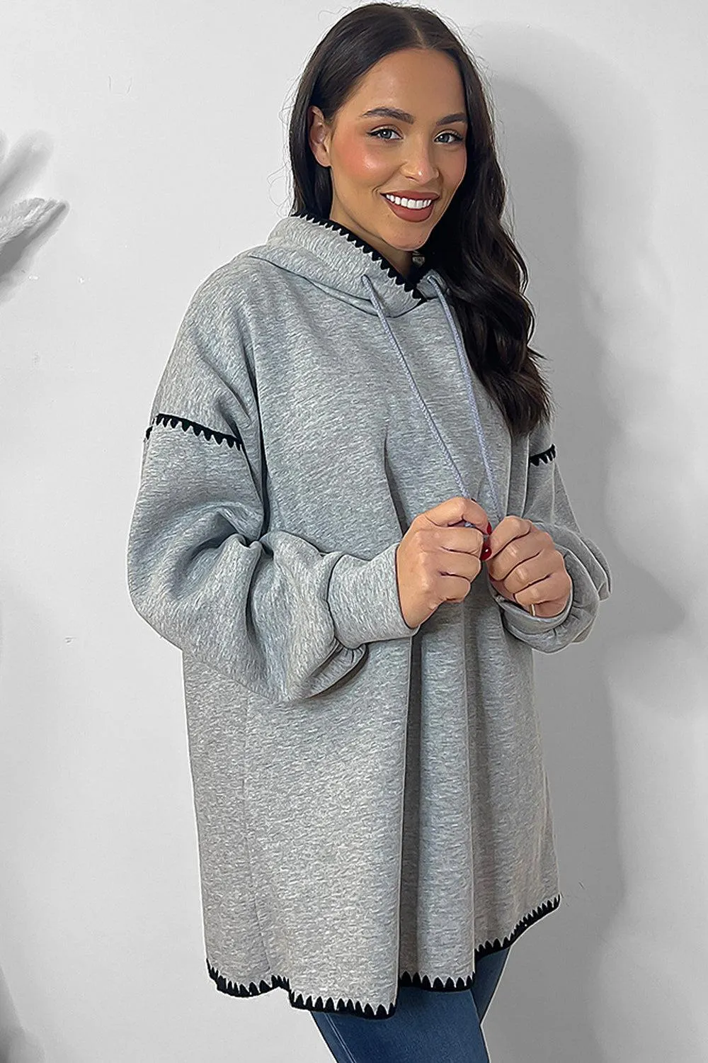 Contrast Stitch Trim Oversized Fleece Hoodie