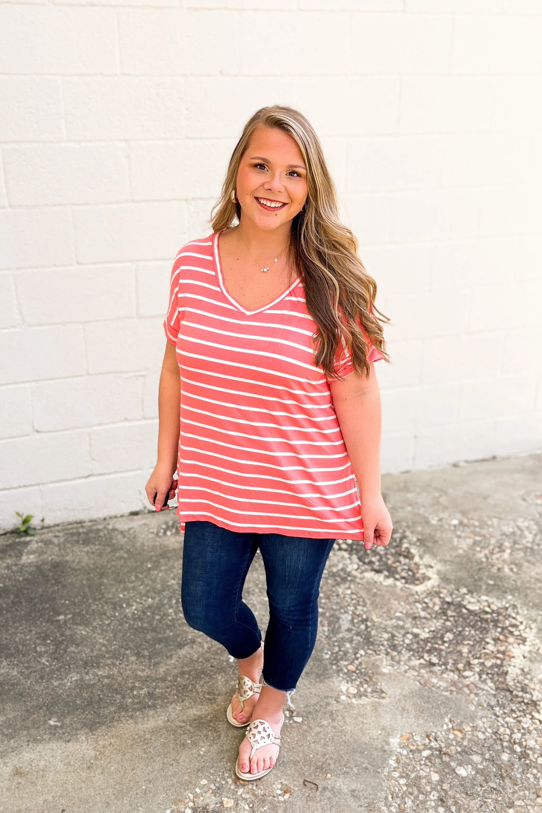 DEAL | Shannon Striped Top, Deep Coral