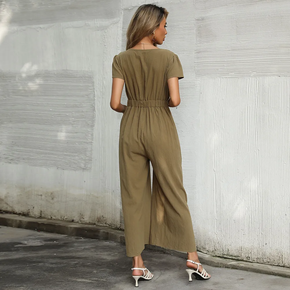 Deep V Nine Point Wide Leg Jumpsuit