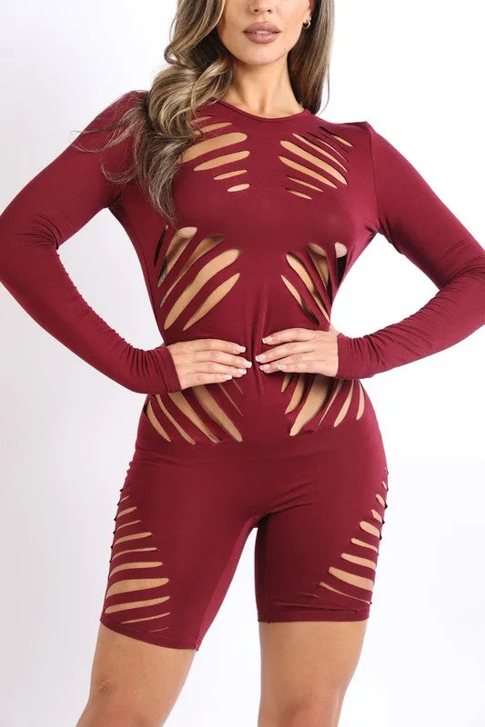 Die cut detailed long sleeve open back romper