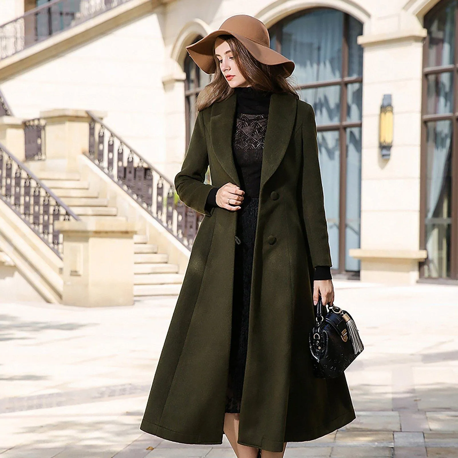 Donna Custom Shawl Collar Fit & Flare Wool Blend Coat