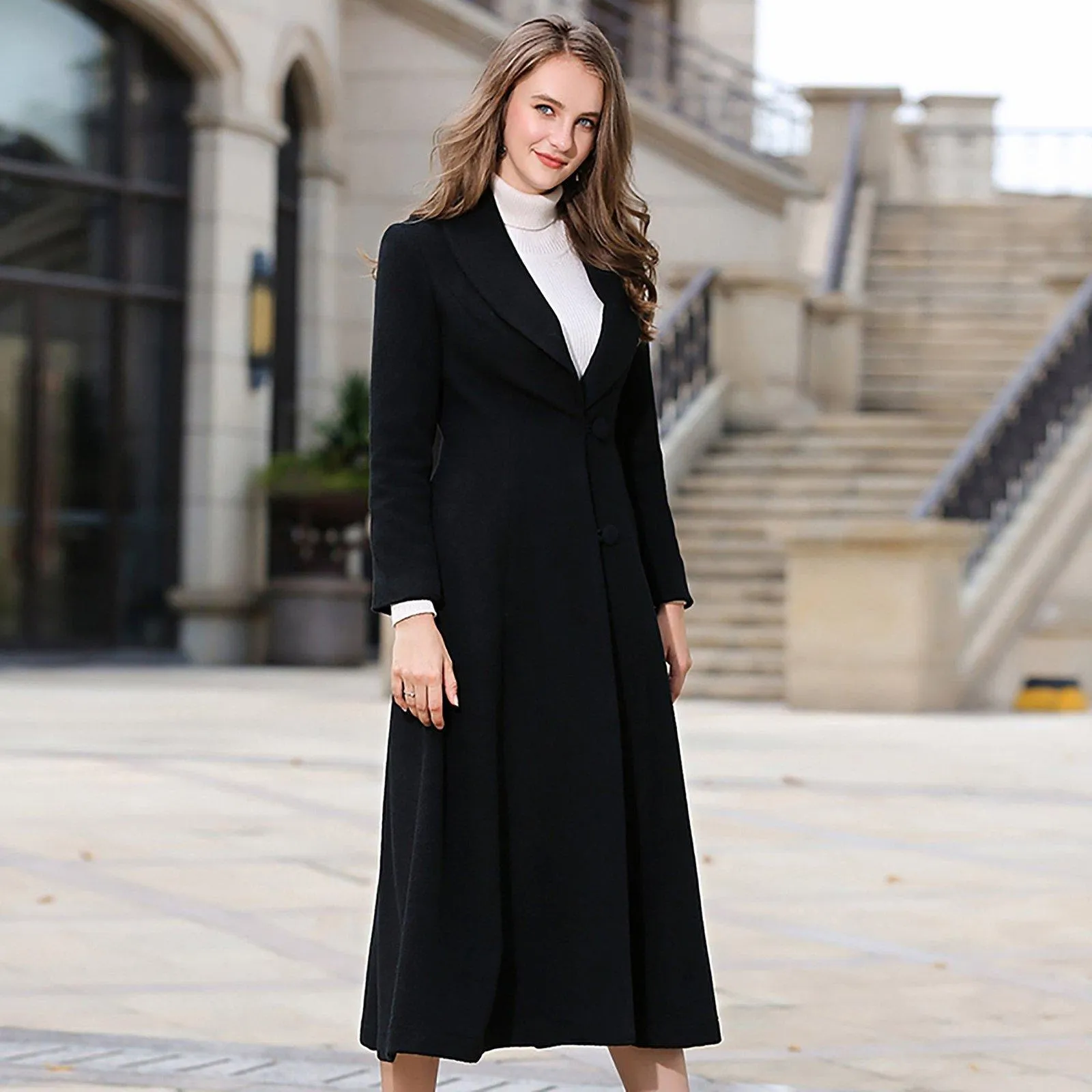 Donna Custom Shawl Collar Fit & Flare Wool Blend Coat