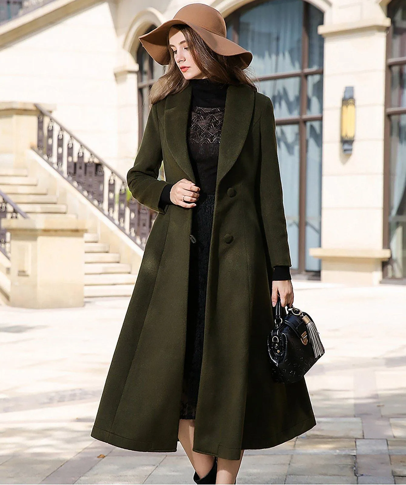 Donna Custom Shawl Collar Fit & Flare Wool Blend Coat