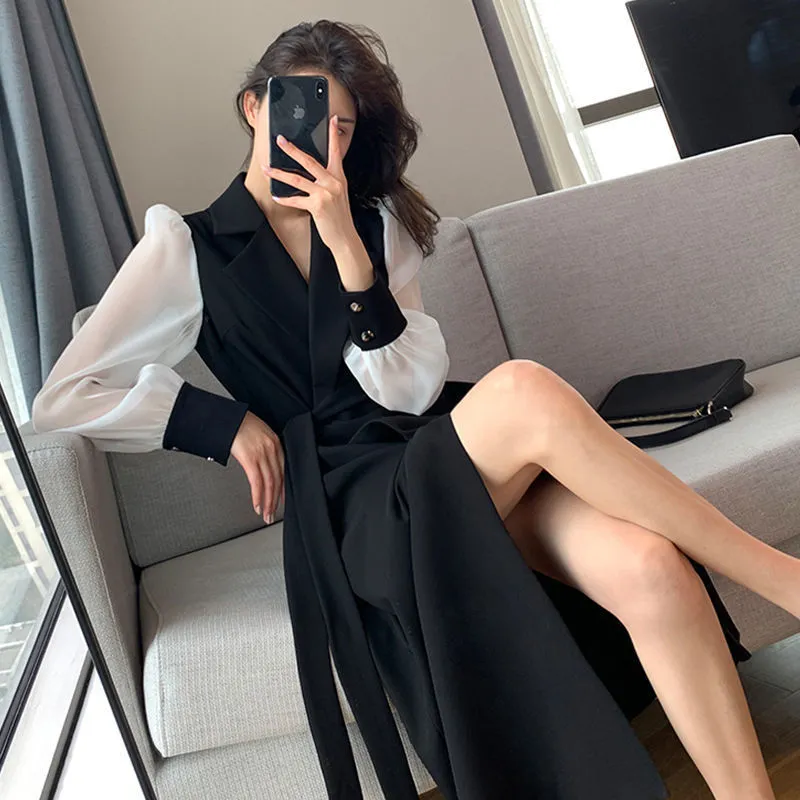 Double-Breasted Blazer Dress With Sheer Sleeves