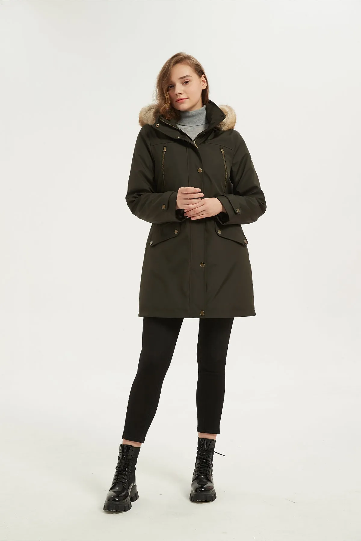 Drawstring Waist Parka Jacket with Removable faux fur hood