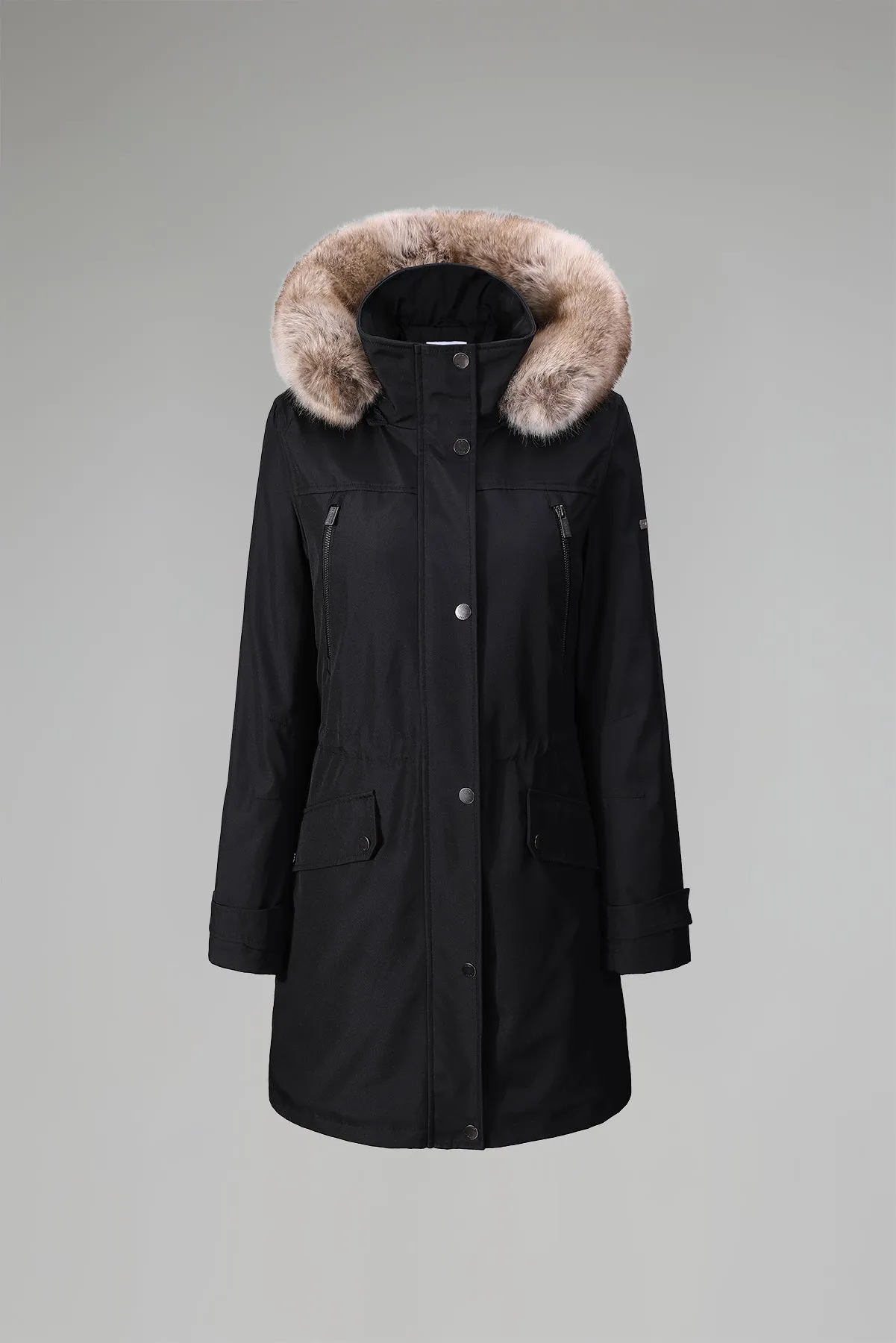 Drawstring Waist Parka Jacket with Removable faux fur hood