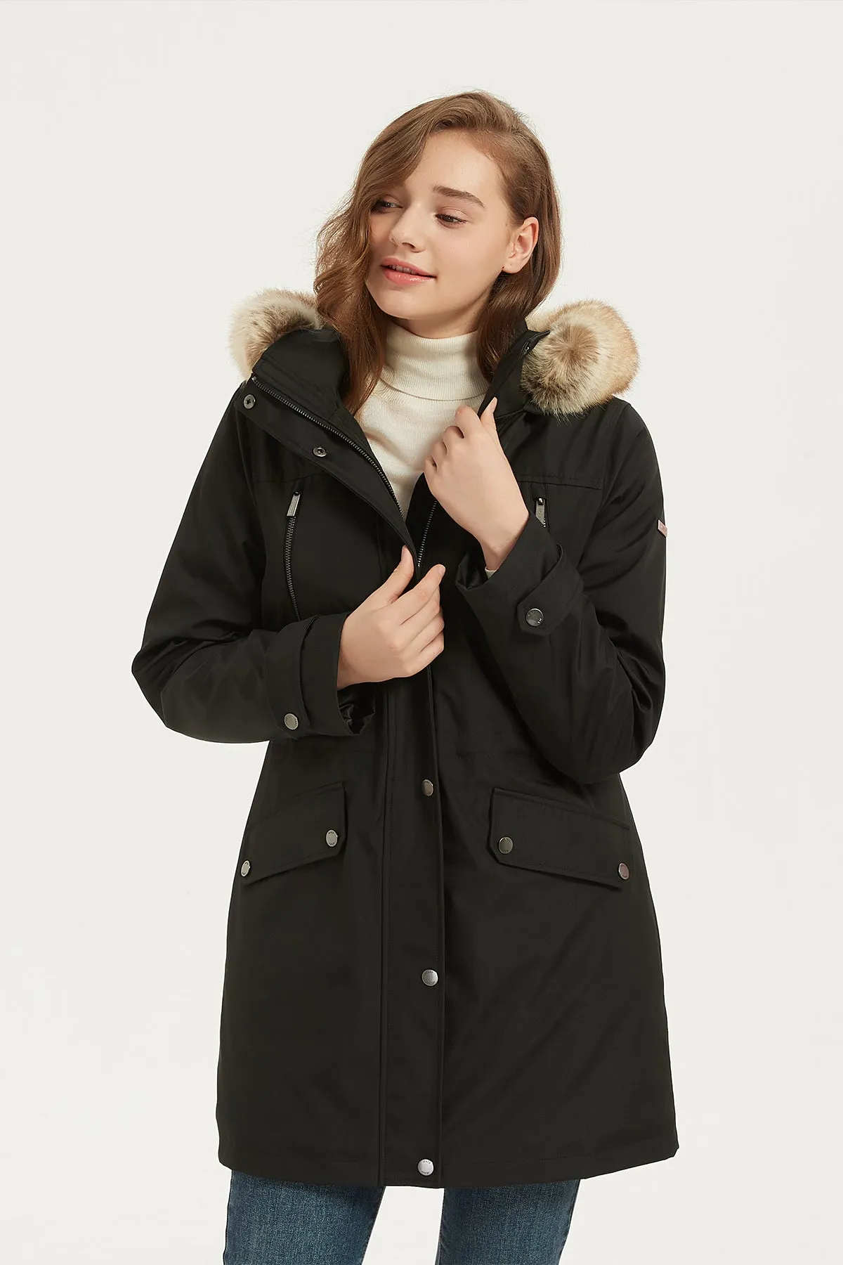 Drawstring Waist Parka Jacket with Removable faux fur hood