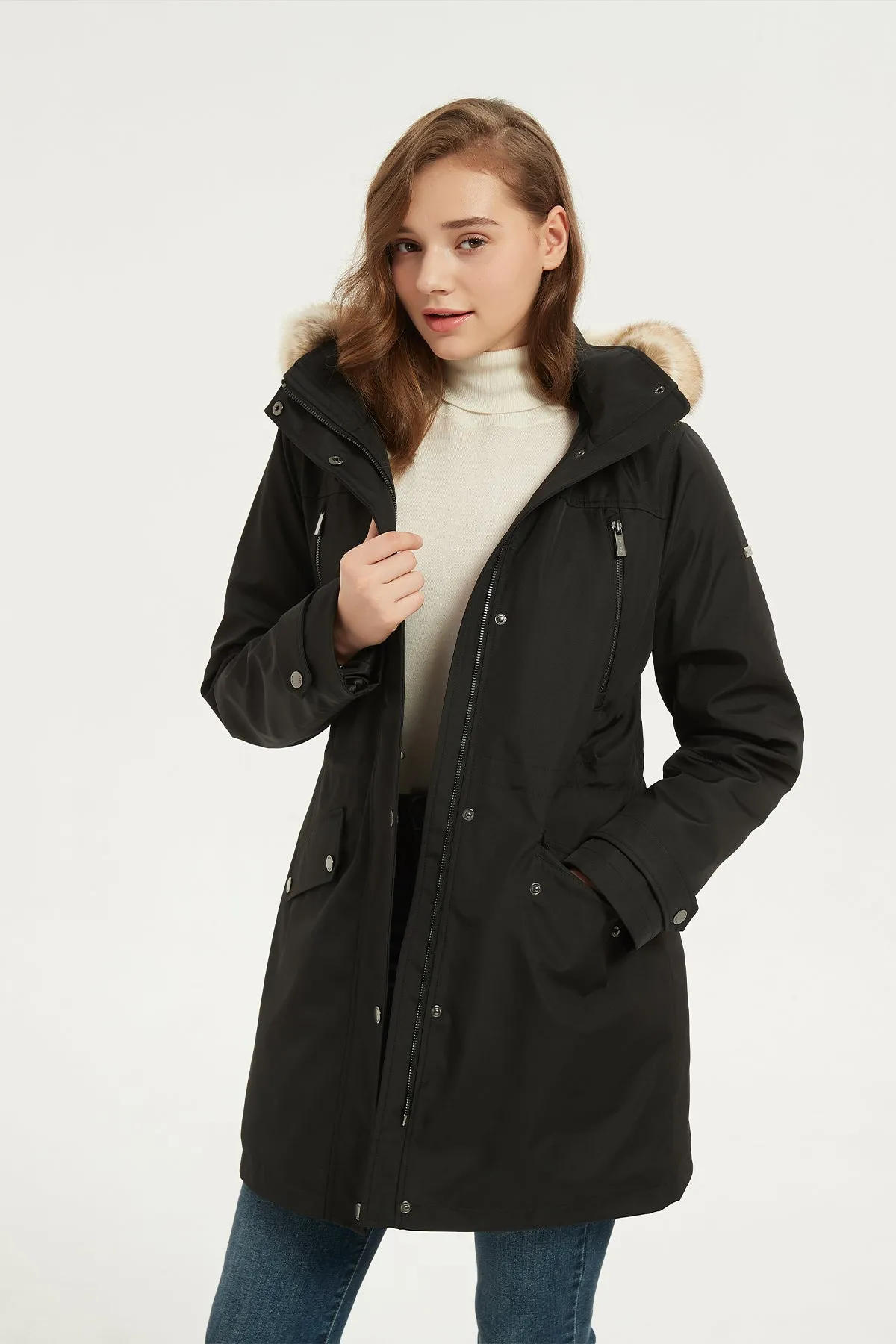 Drawstring Waist Parka Jacket with Removable faux fur hood