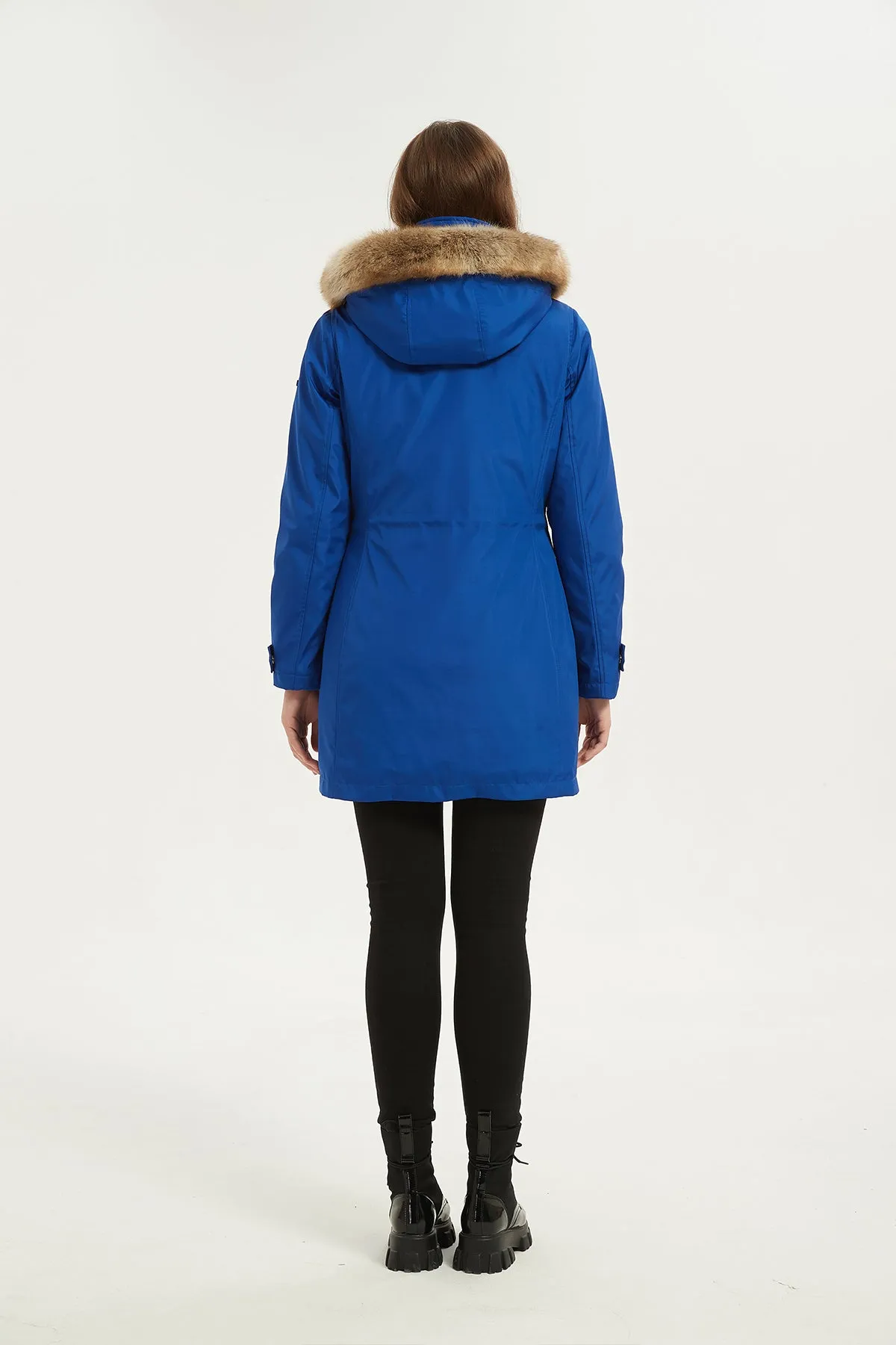 Drawstring Waist Parka Jacket with Removable faux fur hood