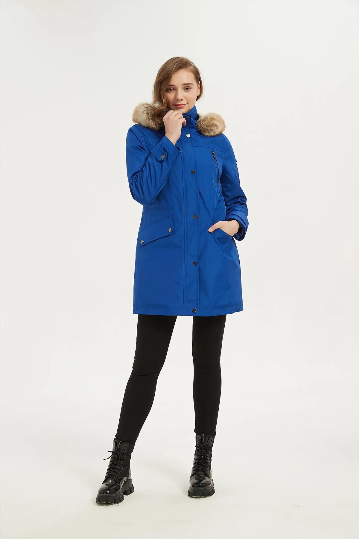 Drawstring Waist Parka Jacket with Removable faux fur hood