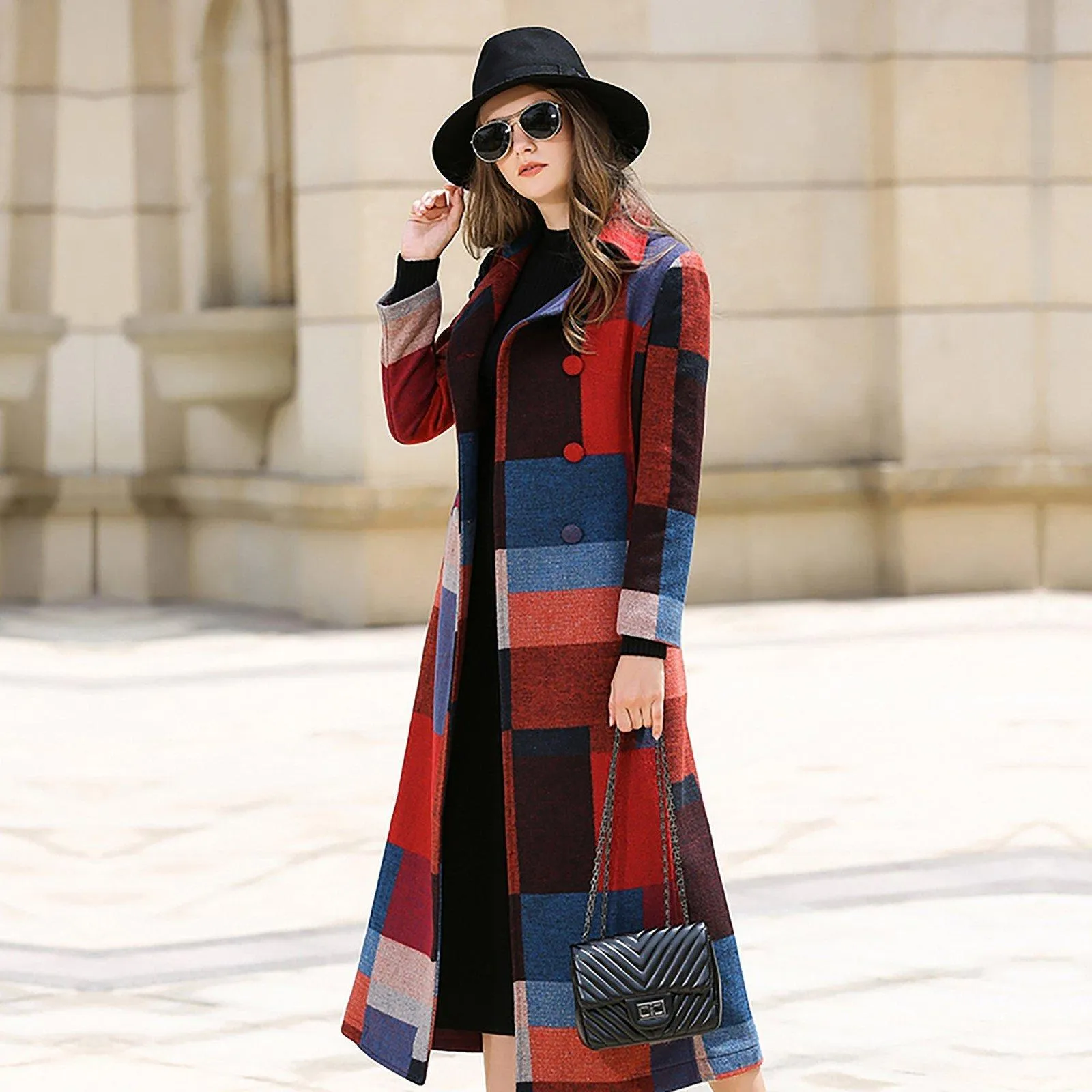 Dressy Geometric Pattern Wool Blend Long Coat