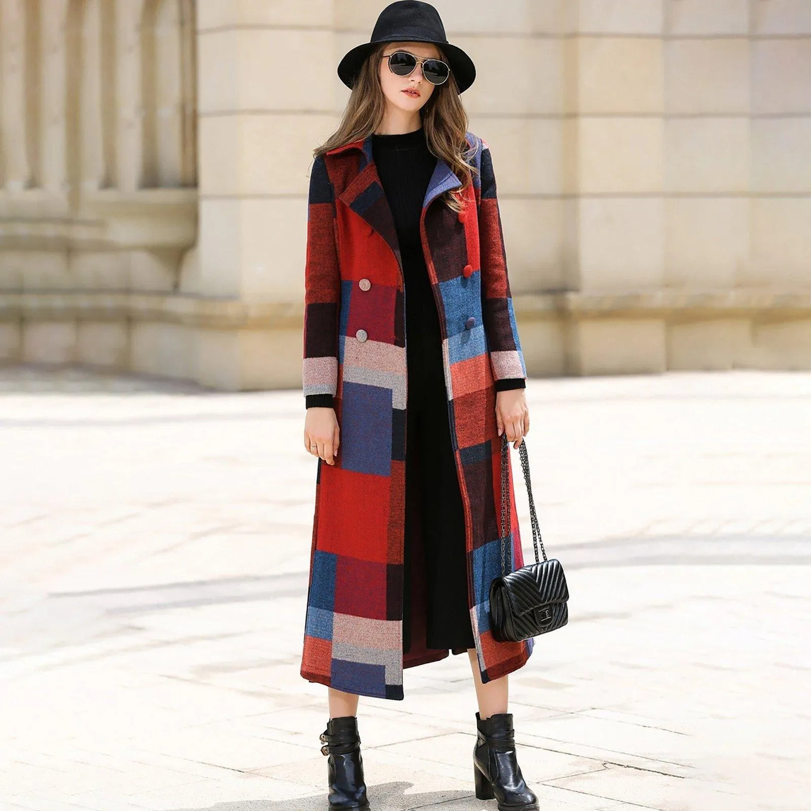 Dressy Geometric Pattern Wool Blend Long Coat