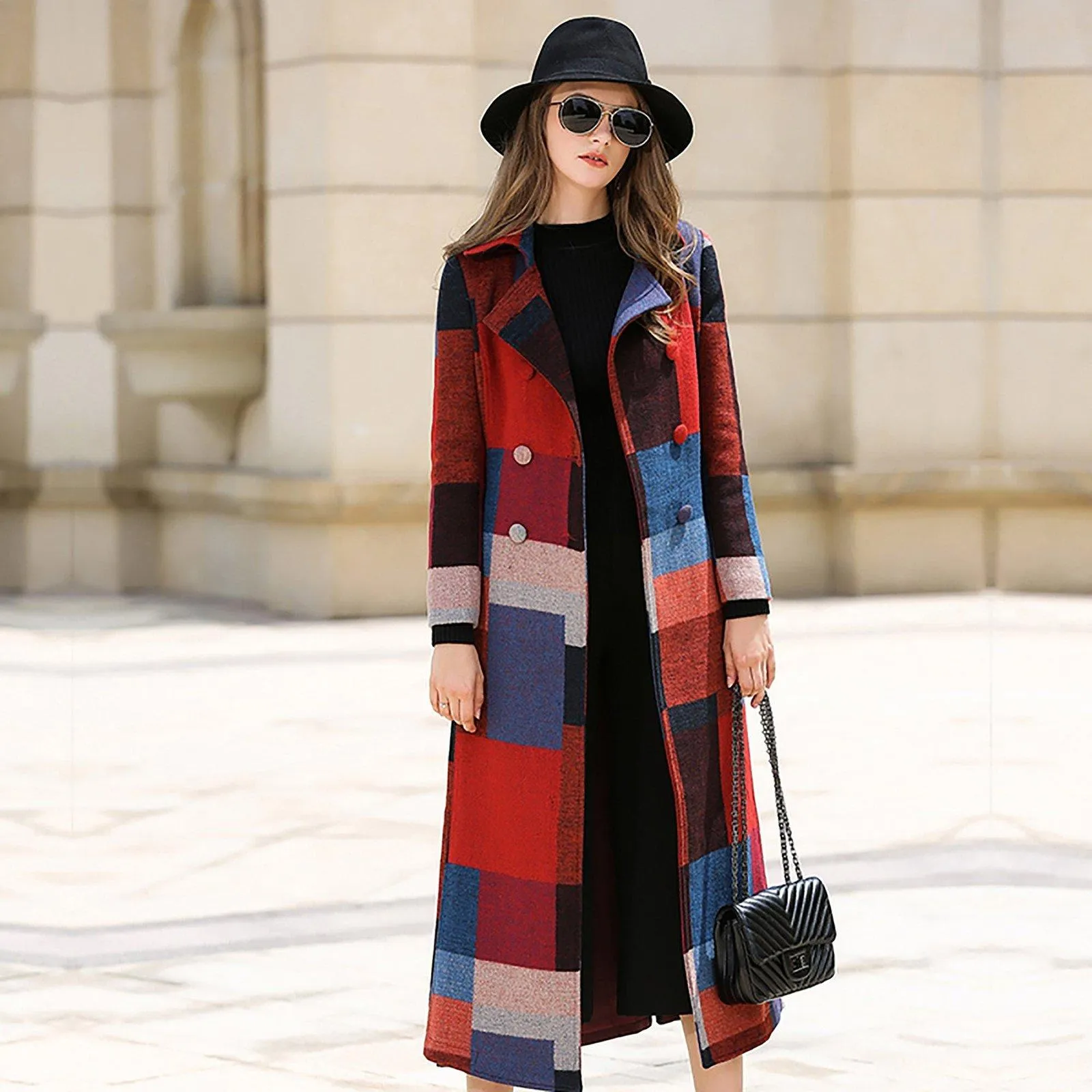 Dressy Geometric Pattern Wool Blend Long Coat