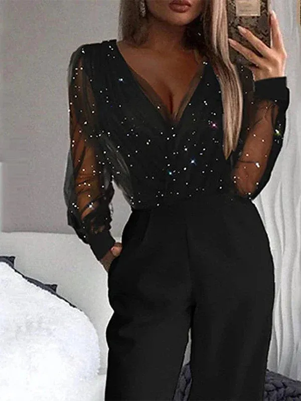 Elegant Black Sequin Mesh Jumpsuit for Women - V-Neck Long Sleeve Party Prom Wear