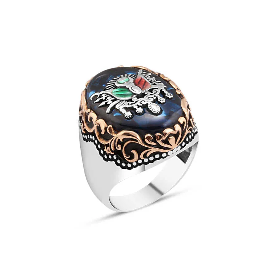 Enameled Ottoman State Coat of Arms on Synthetic Blue Amber Stone Silver Men's Ring with Wavy Top Pattern Around