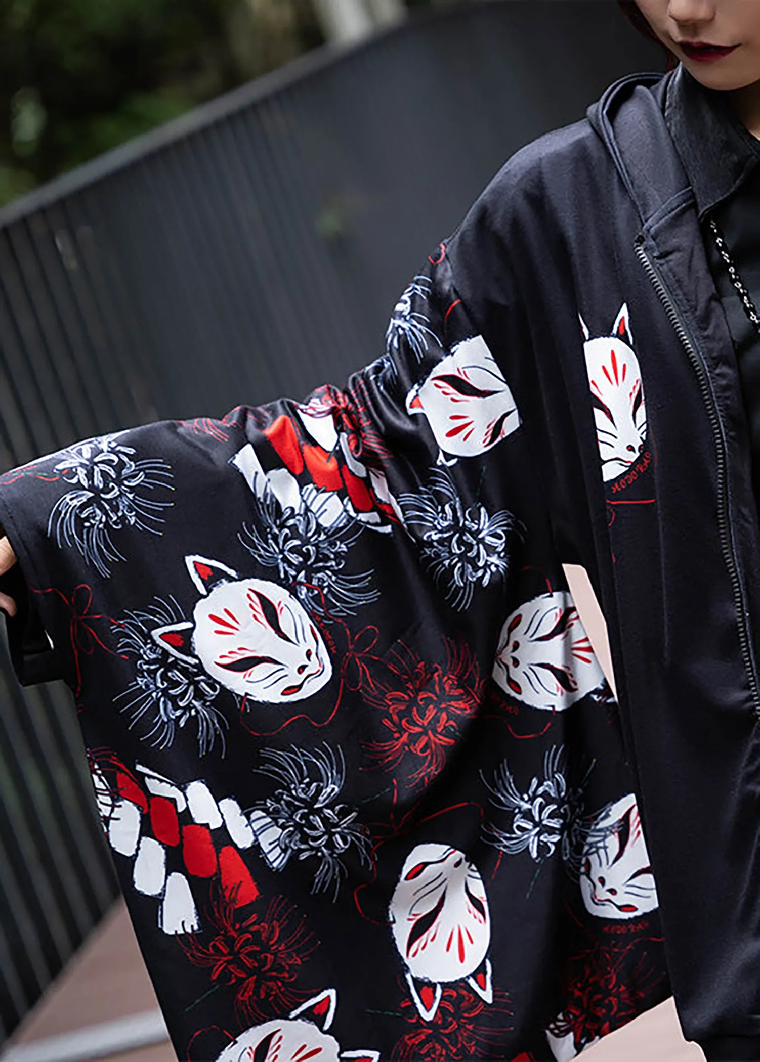 Higabana Kitsune Fox Mask Kimono Zip Up Hoodie