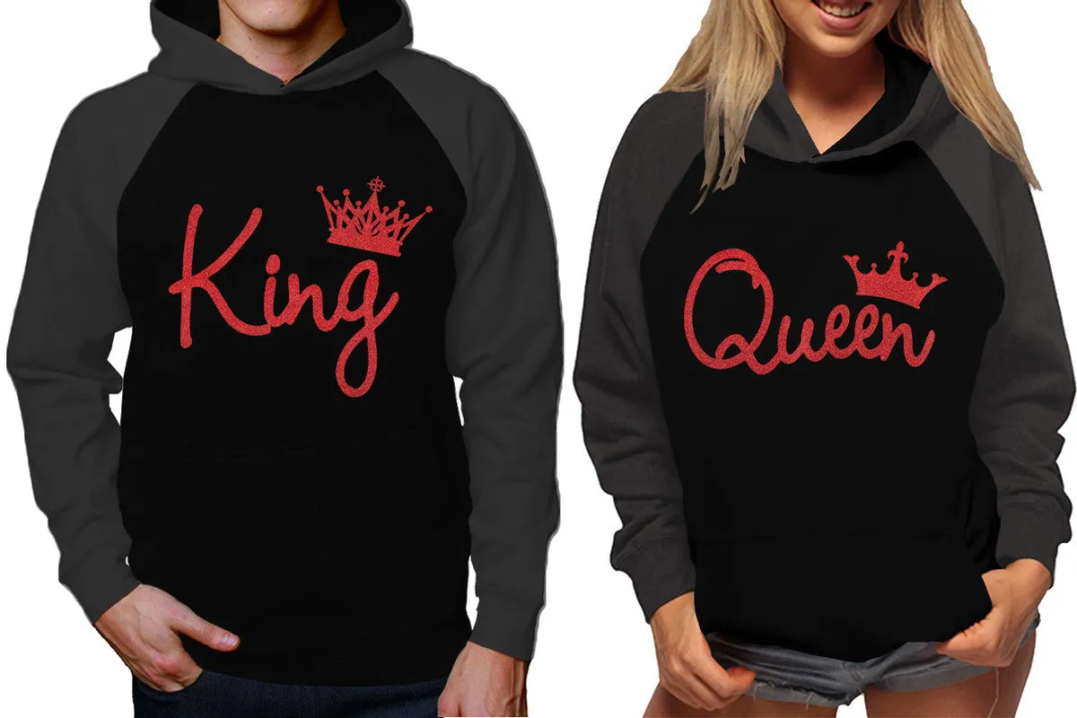 King Queen Couple Raglan Hoodies, Charcoal Black Contast Hoodies