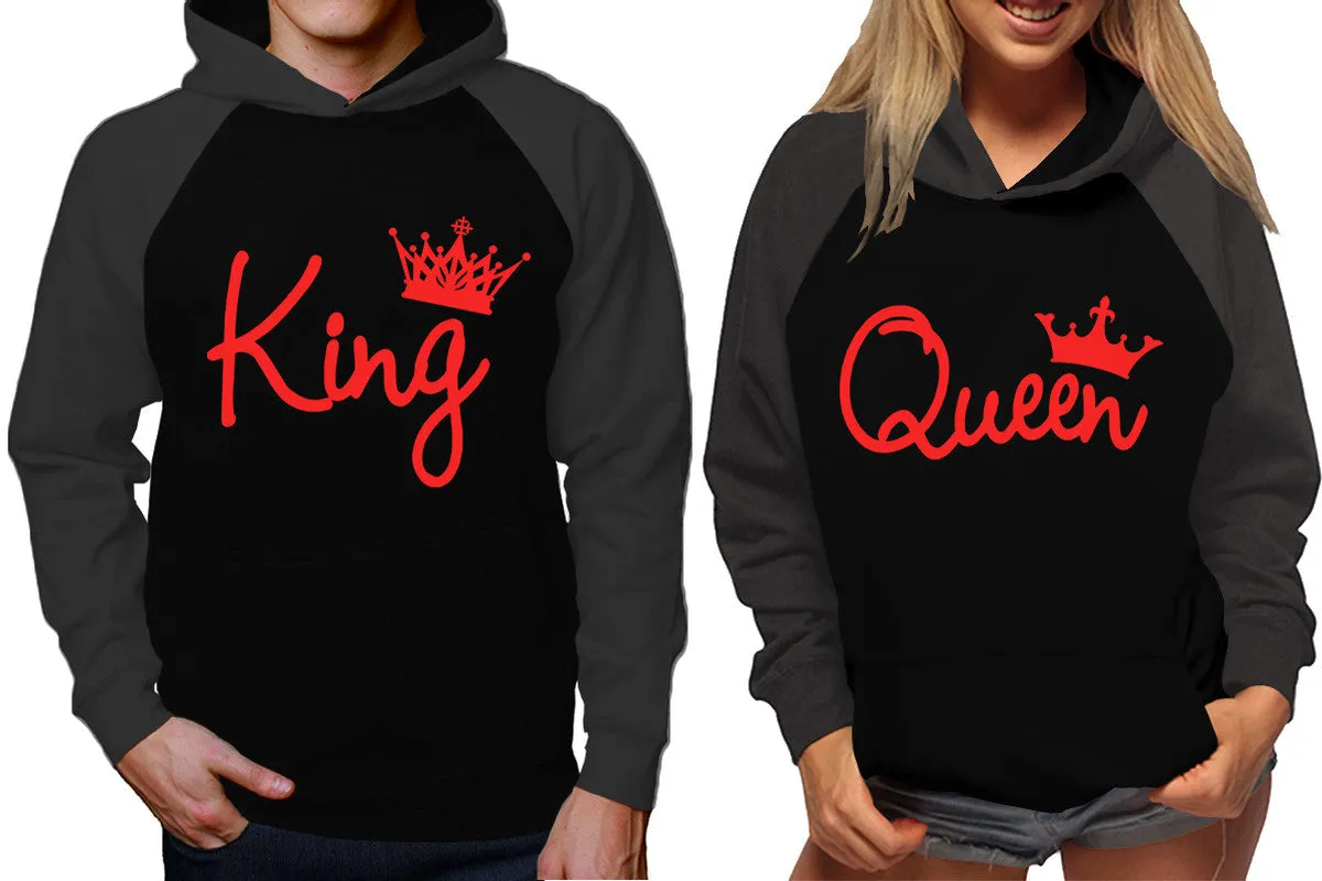 King Queen Couple Raglan Hoodies, Charcoal Black Contast Hoodies