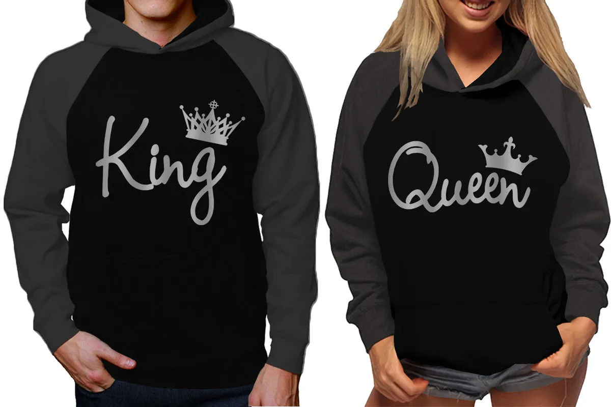 King Queen Couple Raglan Hoodies, Charcoal Black Contast Hoodies