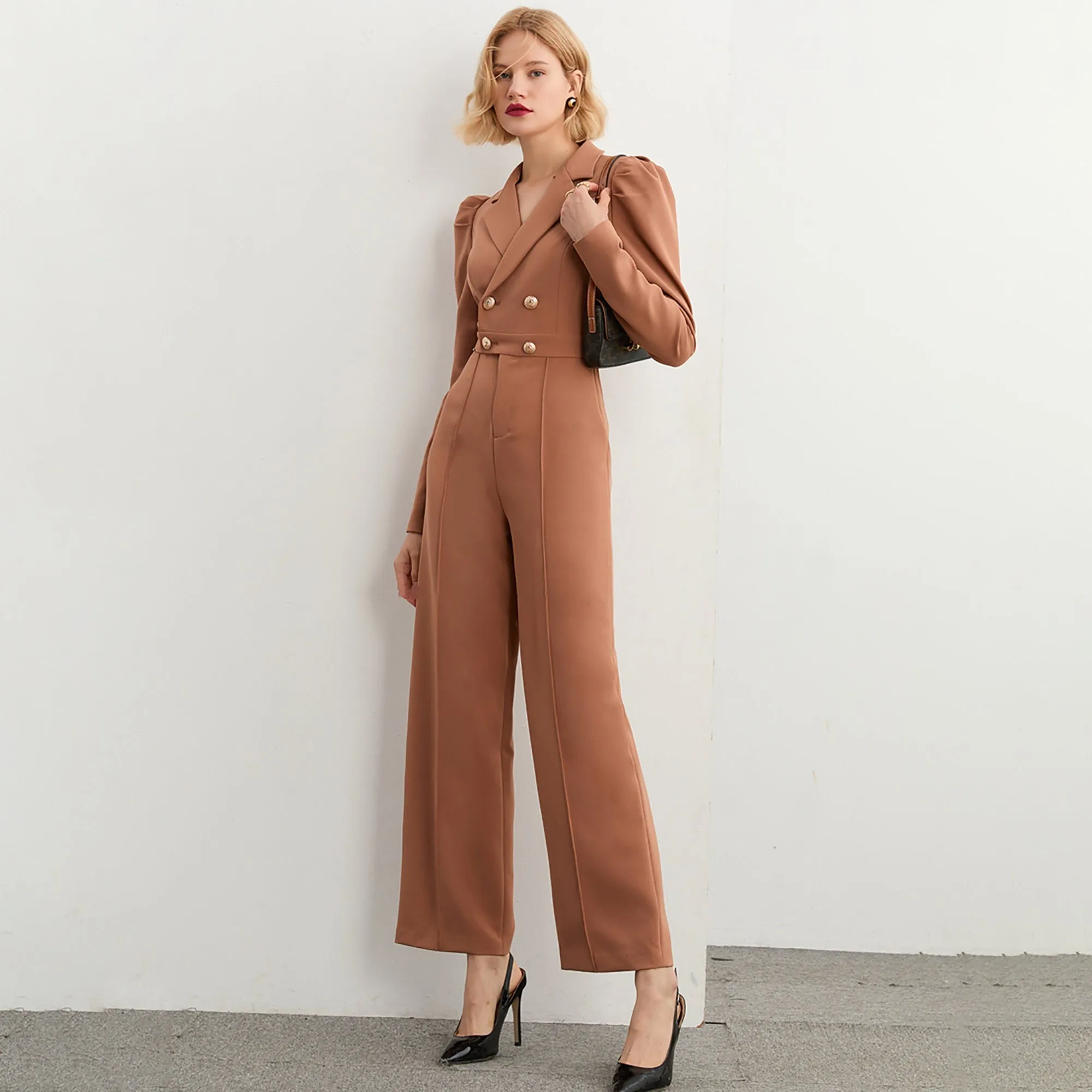 Long Sleeve Double-breasted Wide Leg Jumpsuit