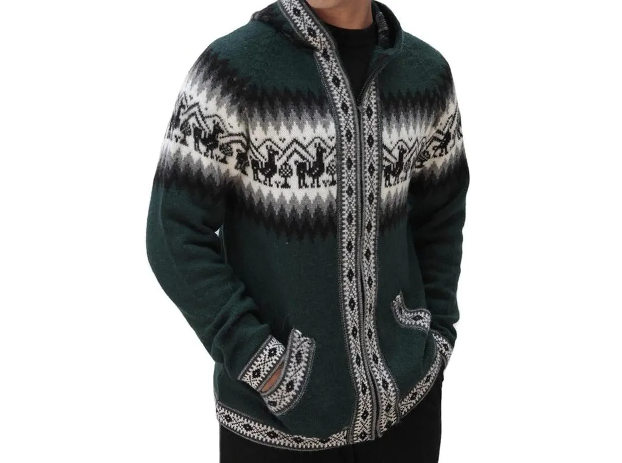 Mens Little Llamas Hooded Sweater Alpaca Wool Knitted Jacket Hoodie