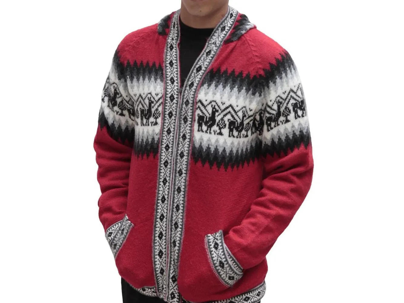 Mens Little Llamas Hooded Sweater Alpaca Wool Knitted Jacket Hoodie