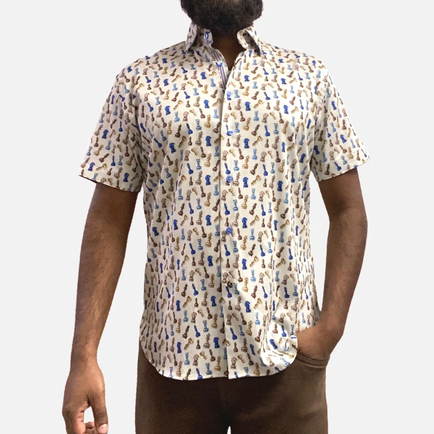 Mens Summer Sports Shirt with Chess Print Design | Beige