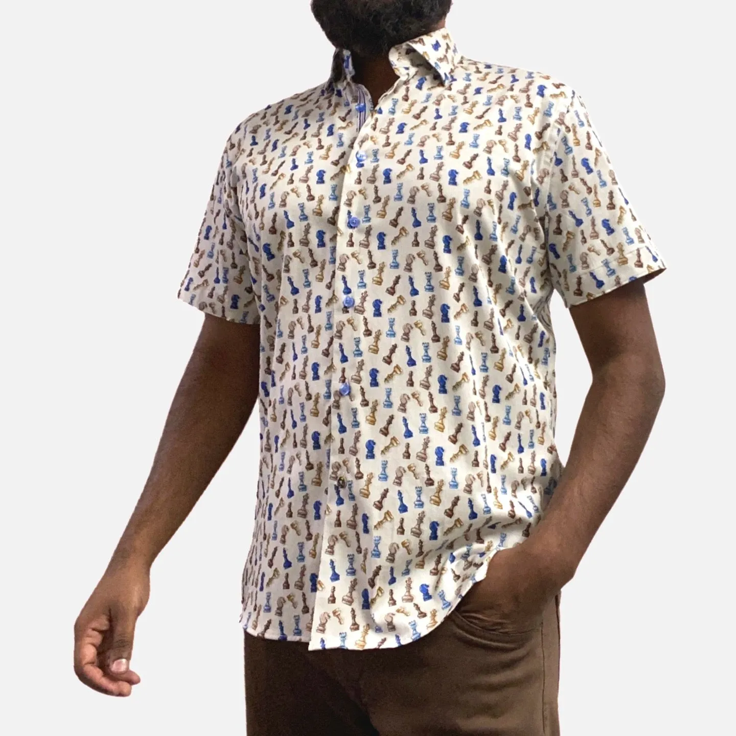 Mens Summer Sports Shirt with Chess Print Design | Beige