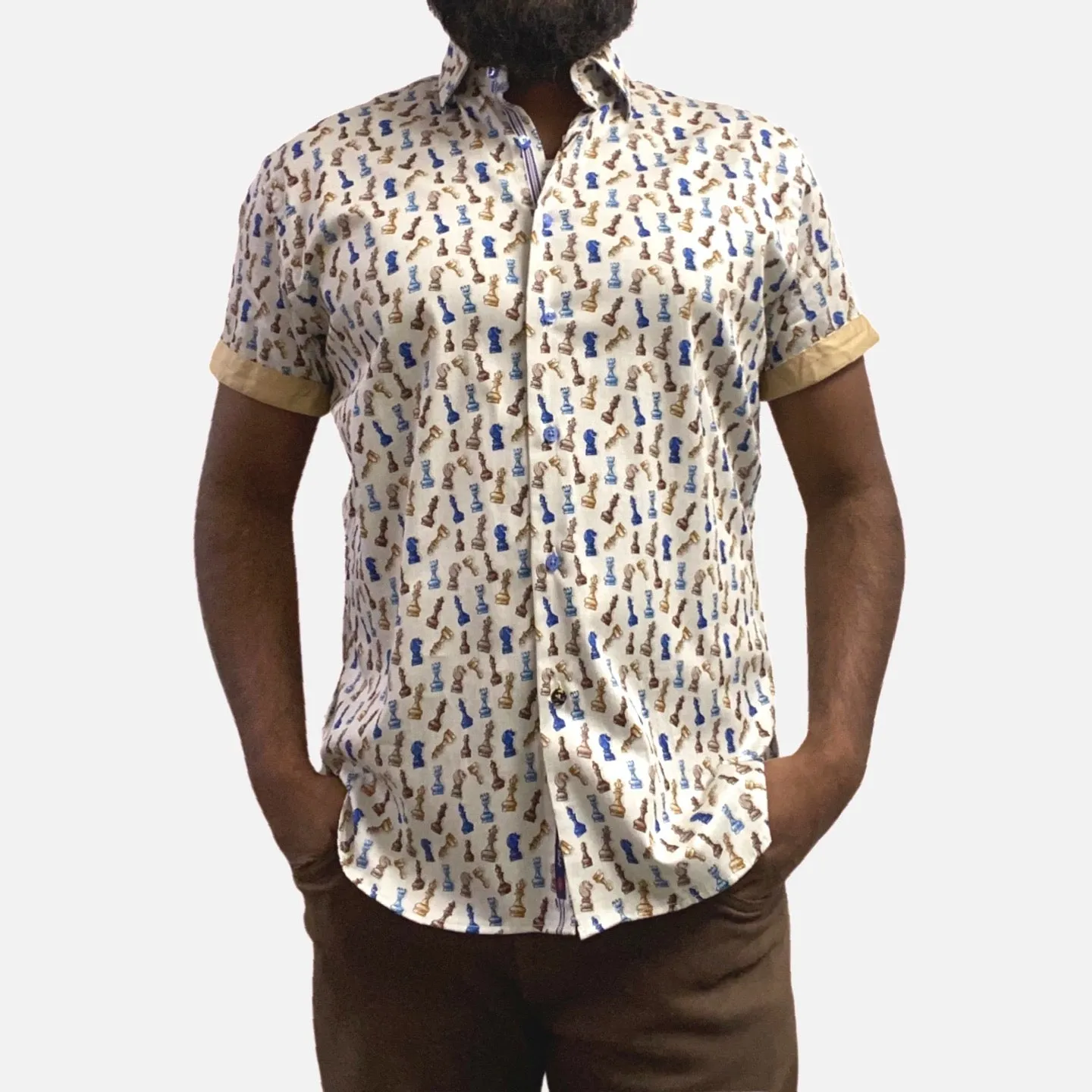 Mens Summer Sports Shirt with Chess Print Design | Beige