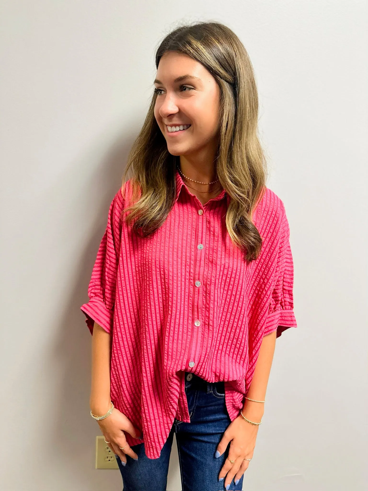 Never Go Back Striped Oversized Button Down Collar Top