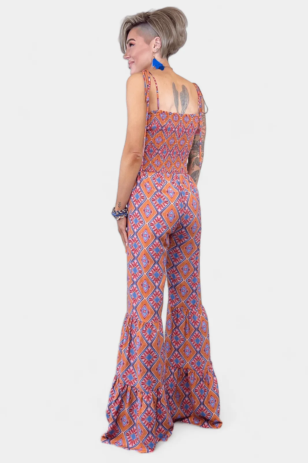 Orange Tribal Flared Jumpsuit