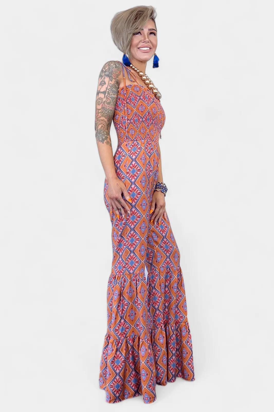 Orange Tribal Flared Jumpsuit